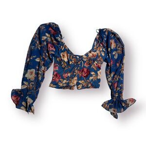 Urban‎ Outfitters Blue Floral Blouse Fairy Core Cropped Long Sleeve Smocked Back